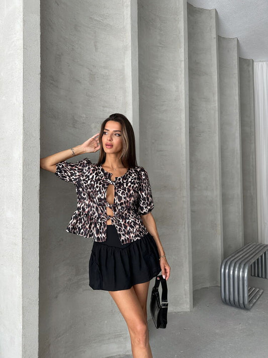 Leopard Print Blouse Front Tie Detail