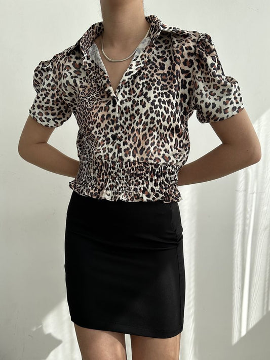  Leopard Print Smocked Waist Blouse Pleated Boho Top